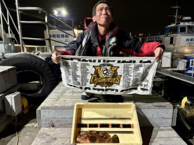 <p>有言実行㊗️リベンジ成功🐯島ちゃん　旧一文字赤灯　エビ撒き釣り　昨日バラシたと思われるアコウ37.5cm🐟18時頃に見事❗️釣り上げ成功🎣　白田名人のアジ&上垣内様のサゴシも頂き🔝超御機嫌🔝</p>