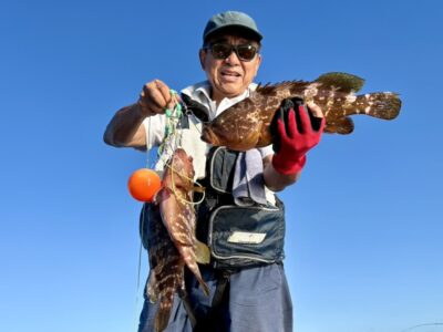 <p>中村様　沖の北外向き　エビ撒き釣りで40cmオーバーの良型アコウ！ゴミ拾いをして徳を積んだそうです…。</p>